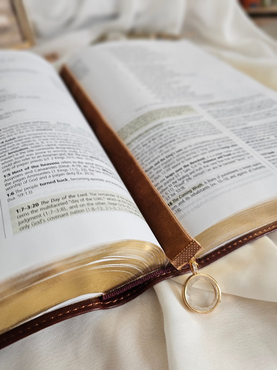 Caramel Velvet ribbon with gold locket charm on one end and cluster of beads charm on another end laying on top of the Bible. 