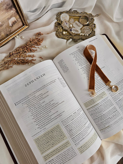 Caramel Velvet ribbon with gold locket charm on one end and cluster of beads charm on another end laying on top of the Bible. 