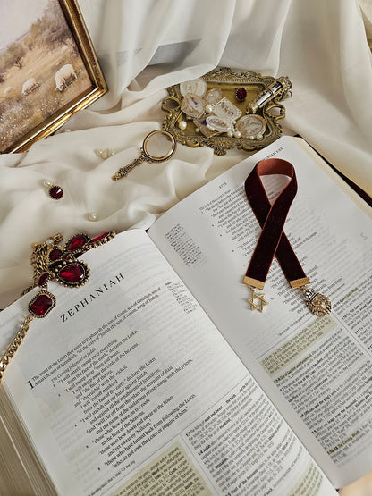 Burgundy ribbon with gold Star of David and Lion on either end sitting on an open Bible.