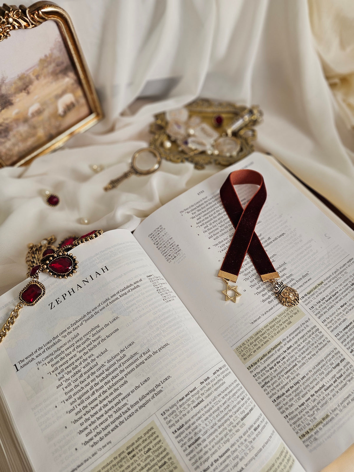 Burgundy ribbon with gold Star of David and Lion on either end sitting on an open Bible.