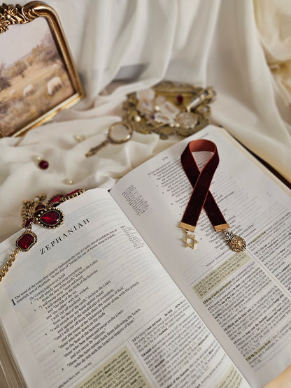 Burgundy ribbon with gold Star of David and Lion on either end sitting on an open Bible.