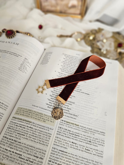 Burgundy ribbon with gold Star of David and Lion on either end sitting on an open Bible.